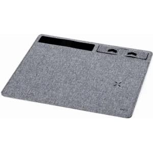 A grey desk mat with a smooth surface, featuring compartments for organisation and a textured fabric design.