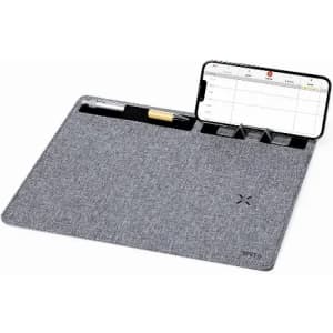 A desk organiser in grey fabric, featuring compartments for a phone, pen, and other stationery items.