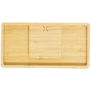 A bamboo tray with two compartments, showcasing a natural finish and simple design. It features a logo in the centre.