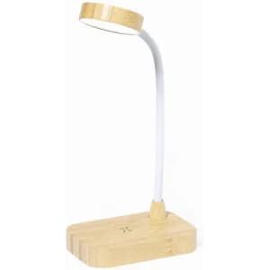 A desk lamp with a bamboo base and flexible white neck, featuring a circular light head.