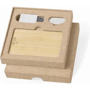 A packaging box containing a bamboo RFID card, USB drive, and a small accessory, all in a natural cardboard insert.
