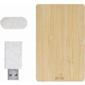 A bamboo RFID card and a USB flash drive in a speckled casing, both featuring a minimalist design.