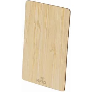 A bamboo RFID blocking card with a smooth finish and rounded edges, featuring a logo on one side.