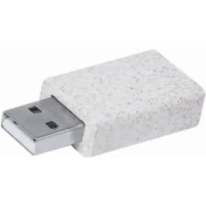 A USB drive with a textured grey body and a metallic connector. It has a rectangular shape.