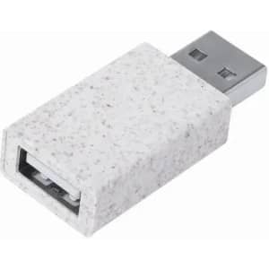 A USB adapter in a speckled white casing with a silver connector, featuring a rectangular design.