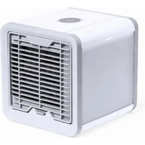 A compact air cooler in white and grey, featuring a front grille and a control button on top.
