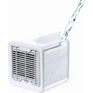 A portable air cooler in white, featuring a grille front and a water reservoir with water flowing into it.