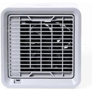 A compact fan in a square-shaped white casing with black internal blades. It features a grid pattern on the front.