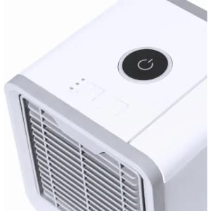 A portable air cooler features a white and grey design with a control button and ventilation grille on top.