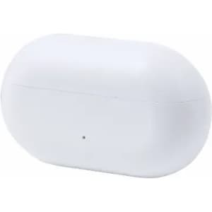 A wireless earbud charging case in a smooth white finish, featuring a slightly rounded shape and a small indicator light.