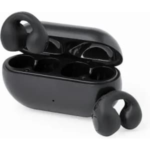 A pair of black wireless earbuds with a charging case. The case is open, displaying the earbuds inside.