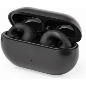 A pair of black wireless earbuds in a charging case. The case has a rounded design and a shiny finish.