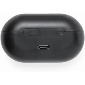 A black charging case with a USB-C port, featuring a sleek, oval design and a small clip on one side.