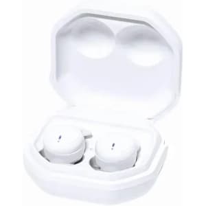 A pair of white wireless earbuds in a matching charging case, open and displaying the earbuds inside.