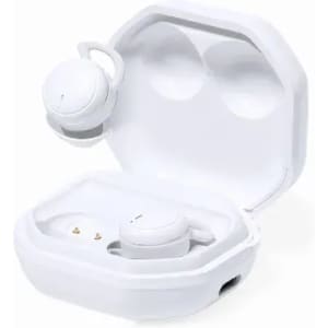 A pair of white wireless earbuds in a matching case, featuring a simple design and a brand logo.