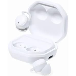 A set of white wireless earbuds in a charging case, featuring a compact design with a logo on the case.
