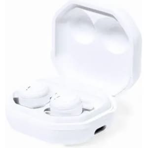 A pair of white wireless earbuds in a charging case, with a simple design and a small opening for charging.