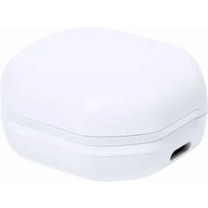 A wireless earbud case in white with a smooth finish and a small charging input on the side.