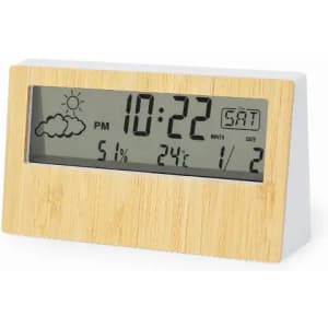 A digital clock with a bamboo frame displaying time, date, and weather information.