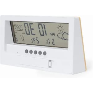 A digital weather station with a white frame, displaying time, temperature, humidity, and weather icons.