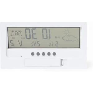A digital weather station with a white frame displaying temperature, humidity, and weather icons.