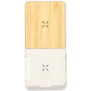 A sleek, rectangular product with a bamboo top and a light-coloured base, featuring a logo on the exterior.