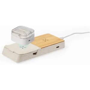 A wireless charging station in grey and wood finishes, with an AirPods case charging on top.