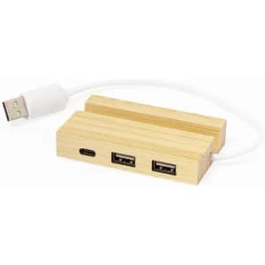 A wooden USB hub with two standard USB ports and one USB-C port, connected by a white cable.