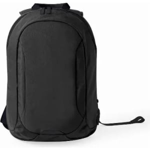 A black backpack with a sleek design, featuring a logo and a side handle for easy carrying.