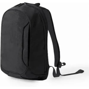 A black backpack with adjustable straps and a sleek design, featuring a logo on the front.