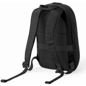 A black backpack with adjustable straps, featuring a sleek, textured design and a minimalist style.