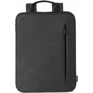 A black laptop bag featuring a sleek design and a zippered front pocket, with a branded logo.