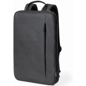 A black backpack with a sleek, minimalist design featuring adjustable straps and a front pocket.