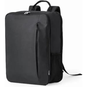 A black backpack with a sleek design, featuring a front zip pocket and side mesh pocket. It has adjustable straps and a logo.