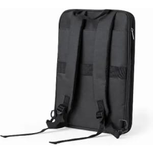 A black laptop backpack with adjustable straps, featuring a sleek design and a front zippered pocket.