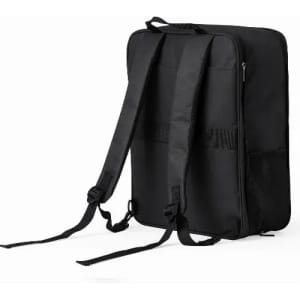 A black backpack featuring adjustable straps and a mesh side pocket, with a sleek, minimal design.