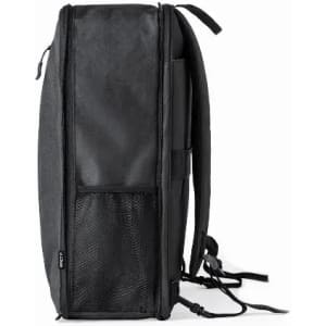 A black backpack with a textured surface, featuring a mesh pocket on the side and adjustable straps.