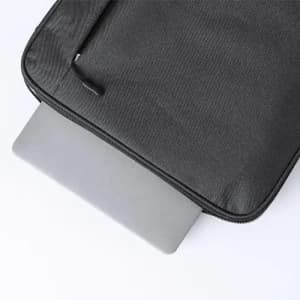 A black laptop sleeve partially unzipped, revealing a silver laptop inside. The sleeve features a simple design.