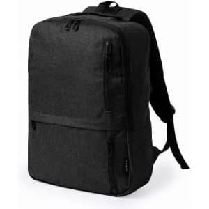 A black backpack featuring multiple zippered compartments and adjustable straps. It has a sleek, modern design.