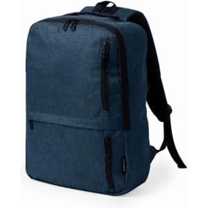 A backpack in a dark blue fabric with multiple zippers and adjustable straps. Features a logo on the front.