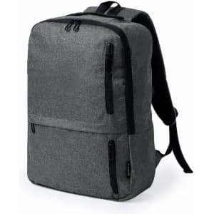 A grey backpack featuring multiple zippered pockets and adjustable straps. It has a sleek, modern design.