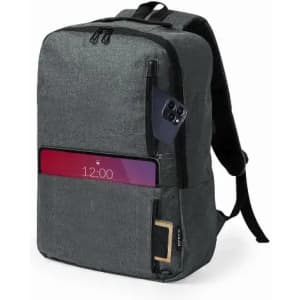 A grey backpack featuring multiple zippered compartments and a pocket for a phone or tablet.