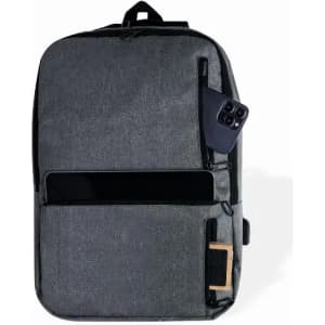 A grey backpack with a front pocket, featuring a laptop compartment and a phone in the side pocket.