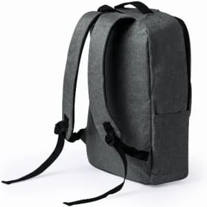 A grey backpack with padded straps and a structured design, featuring a side pocket. It has a simple, minimalist style.
