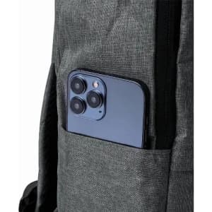 A grey backpack featuring a mobile phone partially visible in its side pocket. The phone has a sleek design.