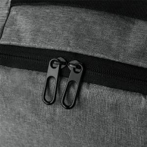 A grey backpack with a zipper featuring two black zip pulls. The material has a textured appearance.