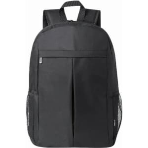 A black backpack with adjustable straps, featuring front pockets and side mesh pockets. It includes a branding logo.