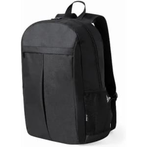 A black backpack with a textured front, zip closure, and a side mesh pocket. It features padded shoulder straps.