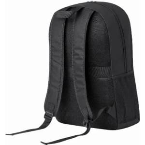 A black backpack with padded straps and a mesh back for comfort. It features a simple design and has a branding logo.