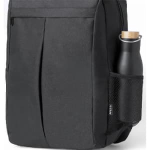 A black backpack with a textured finish, featuring a drink bottle in a mesh side pocket.
